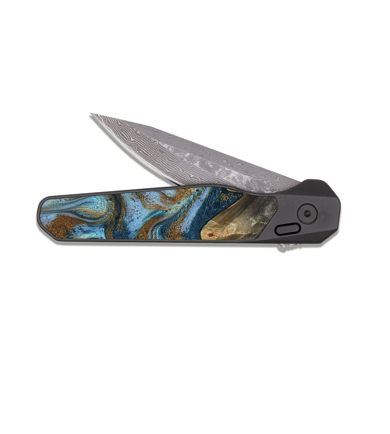EDC Dark Damascus Wood Pocket Knife - Jayme (Teal & Gold, 817282)
