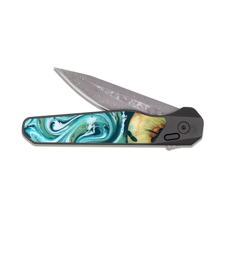 EDC Dark Damascus Wood Pocket Knife - Ettie (Green, 817313)