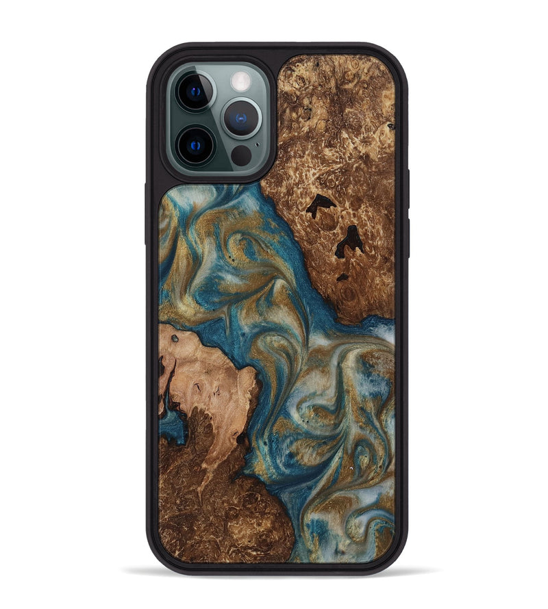 iPhone 12 Pro Max Wood Phone Case - Darwin (Teal & Gold, 817315)