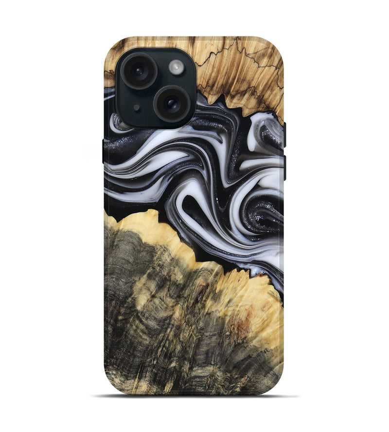 iPhone 15 Wood Live Edge Phone Case - Meilani (Black & White, 817467)