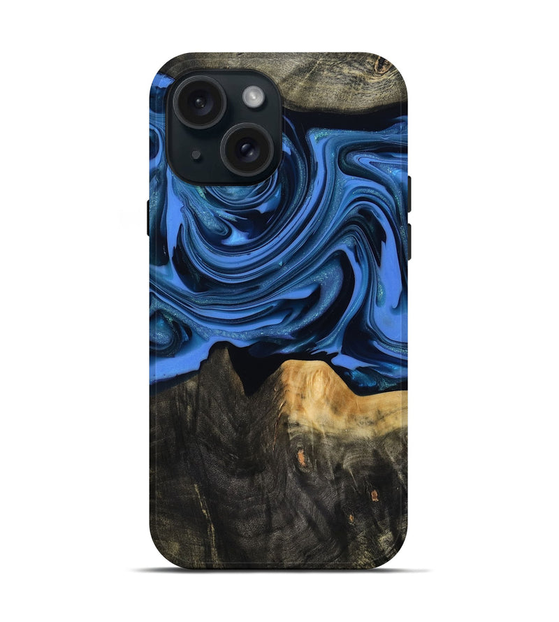 iPhone 15 Wood Live Edge Phone Case - Ledger (Blue, 817481)