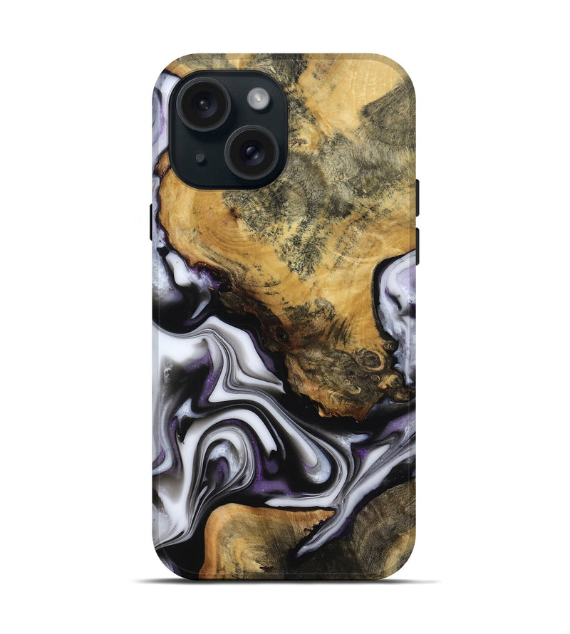 iPhone 15 Wood Live Edge Phone Case - Cristy (Black & White, 817497)