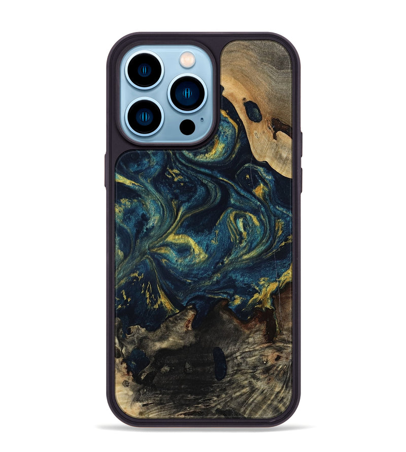 iPhone 14 Pro Max Wood Phone Case - Linda (Teal & Gold, 817636)