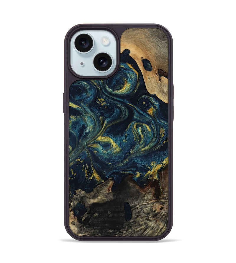 iPhone 15 Wood Phone Case - Linda (Teal & Gold, 817636)
