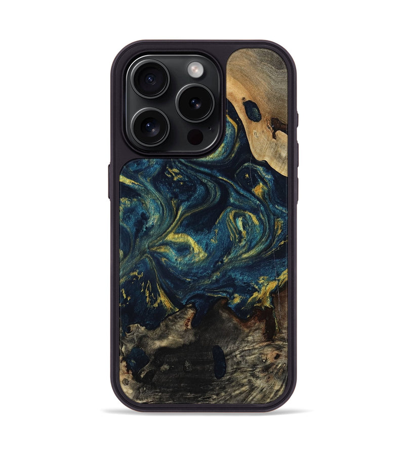 iPhone 15 Pro Wood Phone Case - Linda (Teal & Gold, 817636)