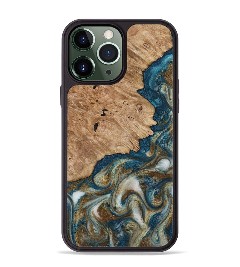 iPhone 13 Pro Max Wood Phone Case - Maura (Teal & Gold, 817667)