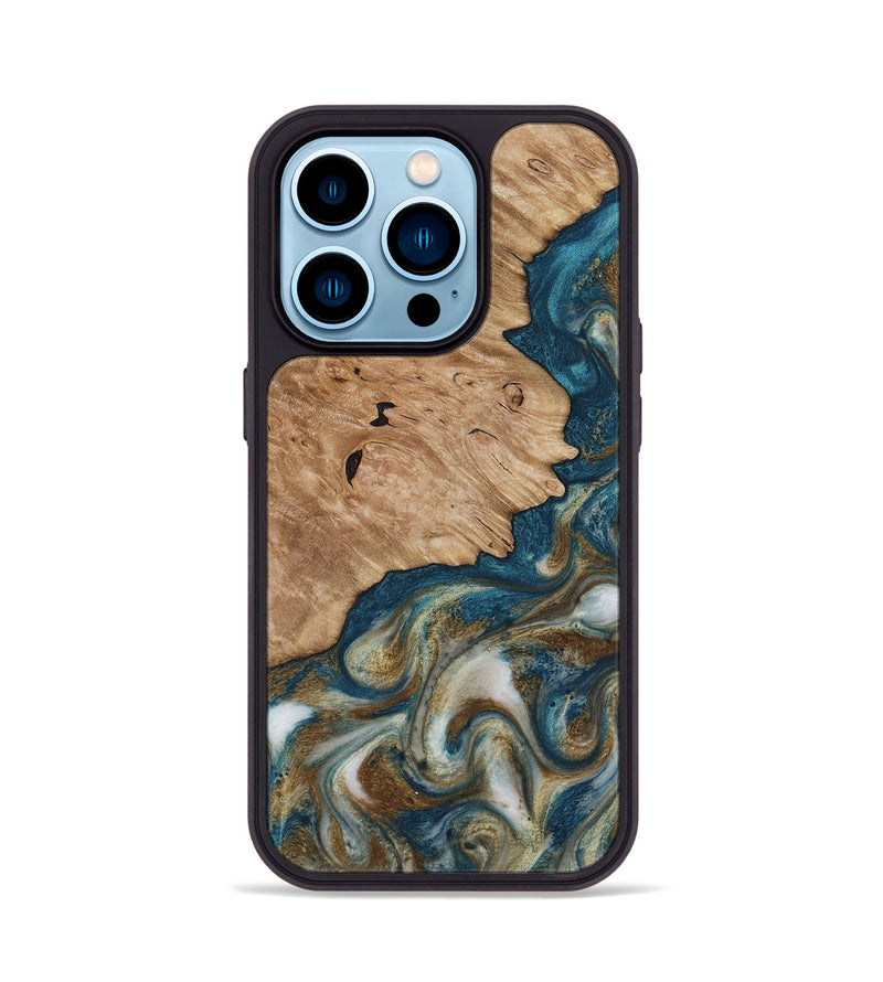 iPhone 14 Pro Wood Phone Case - Maura (Teal & Gold, 817667)