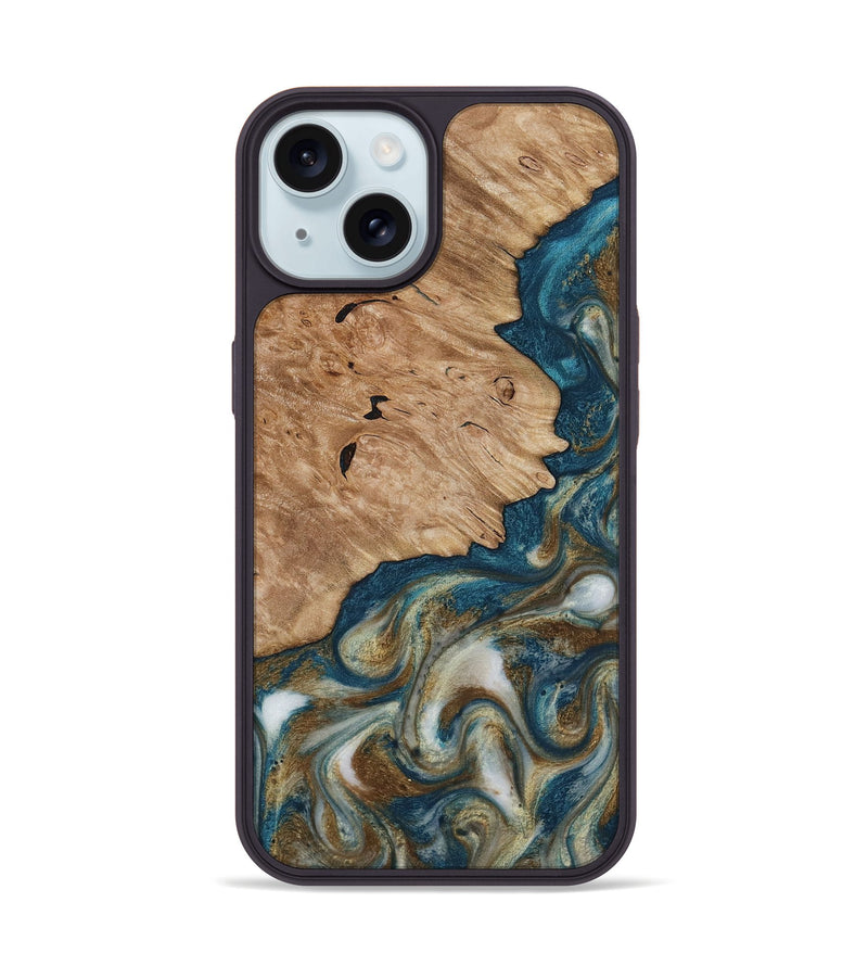 iPhone 15 Wood Phone Case - Maura (Teal & Gold, 817667)