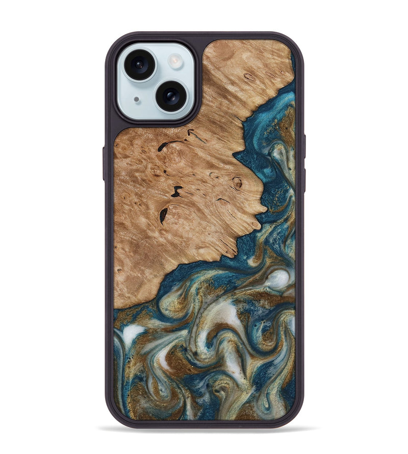 iPhone 15 Plus Wood Phone Case - Maura (Teal & Gold, 817667)