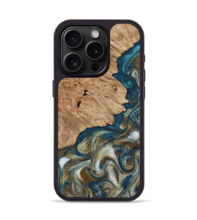 iPhone 15 Pro Wood Phone Case - Maura (Teal & Gold, 817667)
