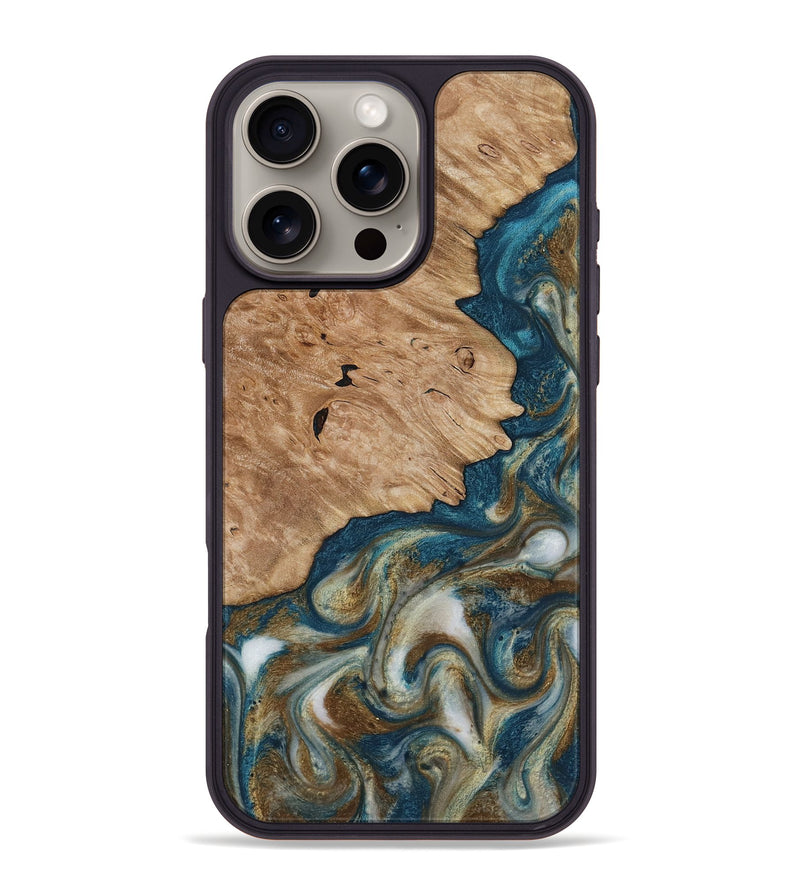 iPhone 16 Pro Max Wood Phone Case - Maura (Teal & Gold, 817667)