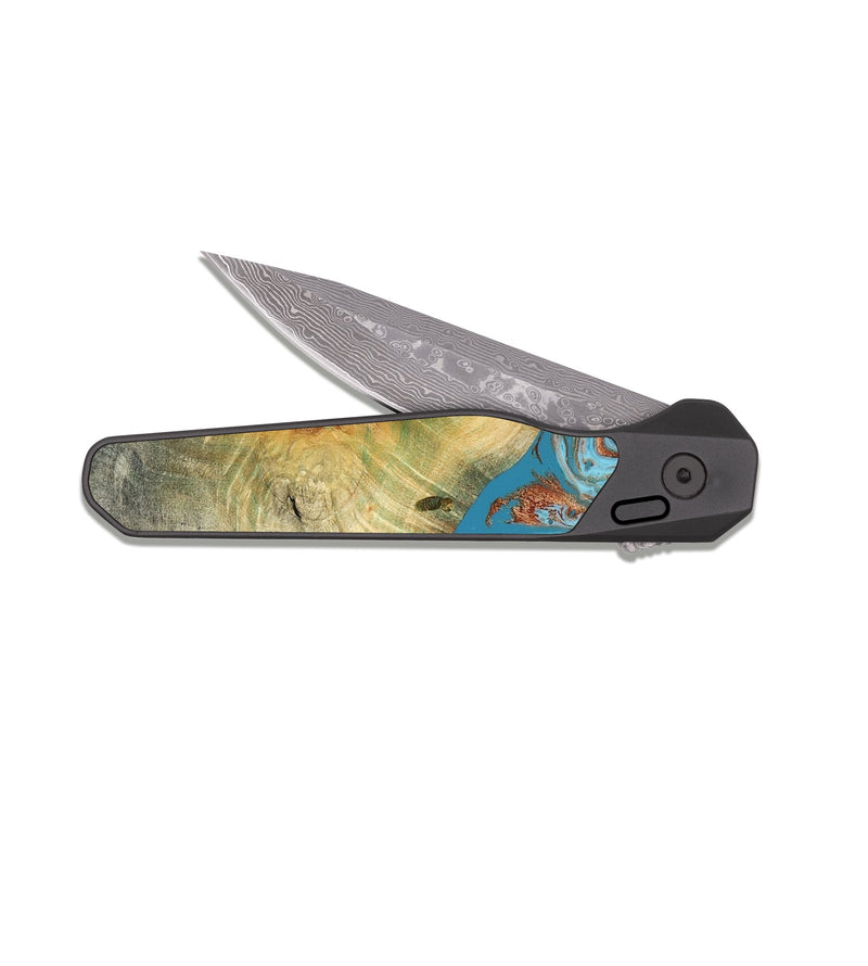 EDC Dark Damascus Wood Pocket Knife - Taliyah (Teal & Gold, 817668)