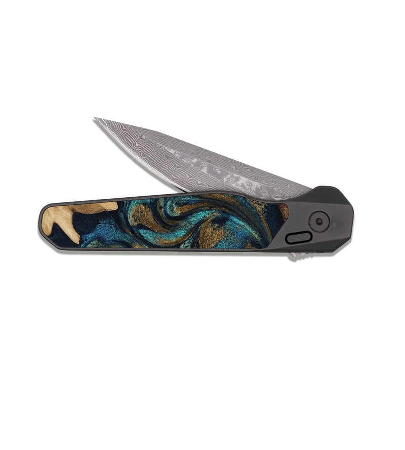 EDC Dark Damascus Wood Pocket Knife - Dandre (Teal & Gold, 817669)