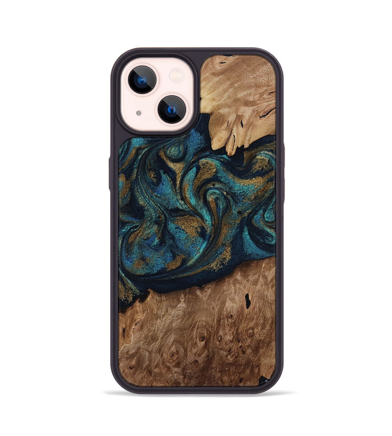 iPhone 14 Wood Phone Case - Dandre (Teal & Gold, 817669)