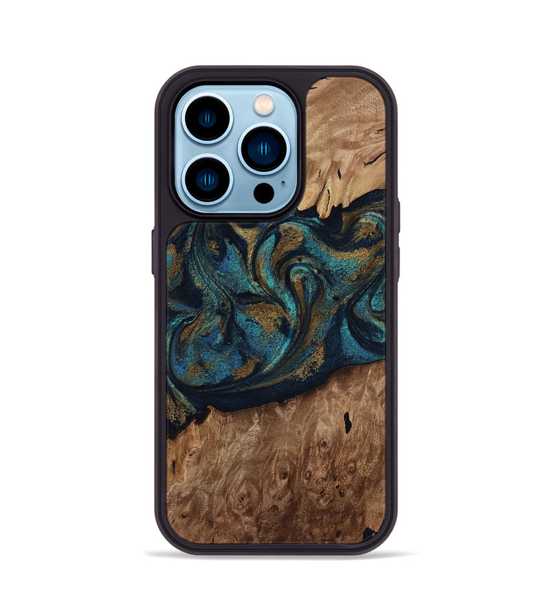 iPhone 14 Pro Wood Phone Case - Dandre (Teal & Gold, 817669)