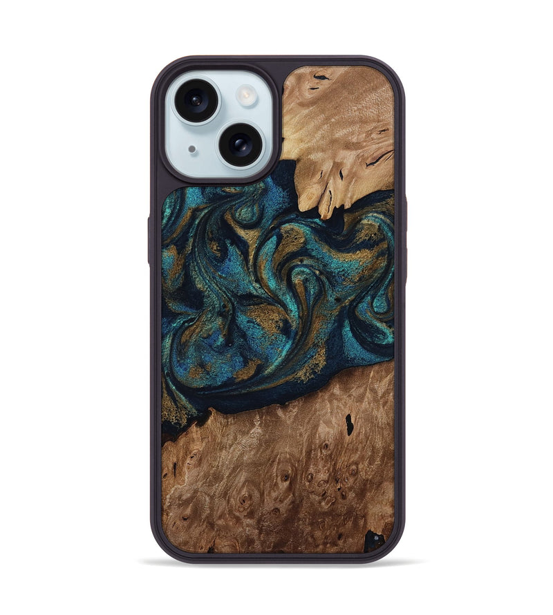 iPhone 15 Wood Phone Case - Dandre (Teal & Gold, 817669)