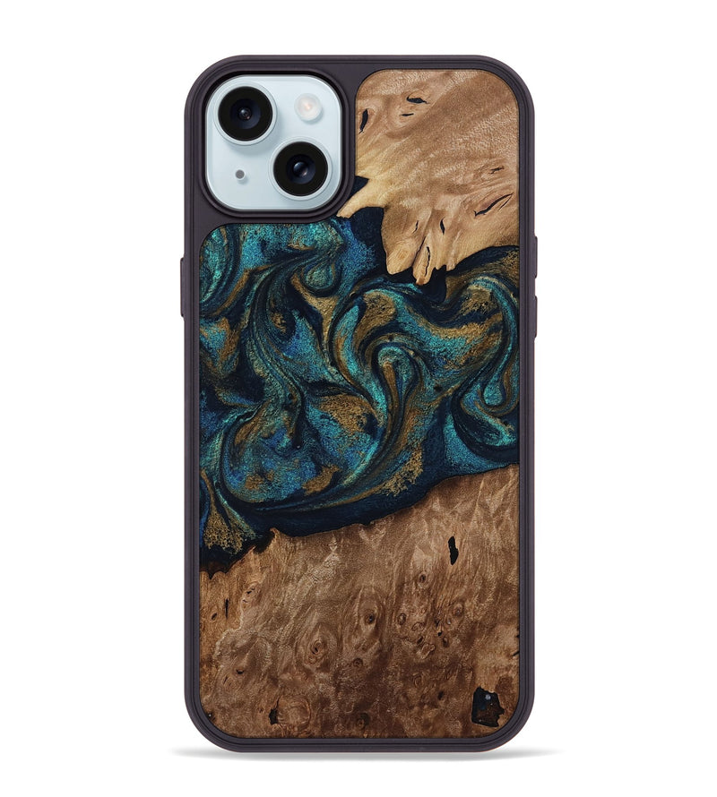 iPhone 15 Plus Wood Phone Case - Dandre (Teal & Gold, 817669)