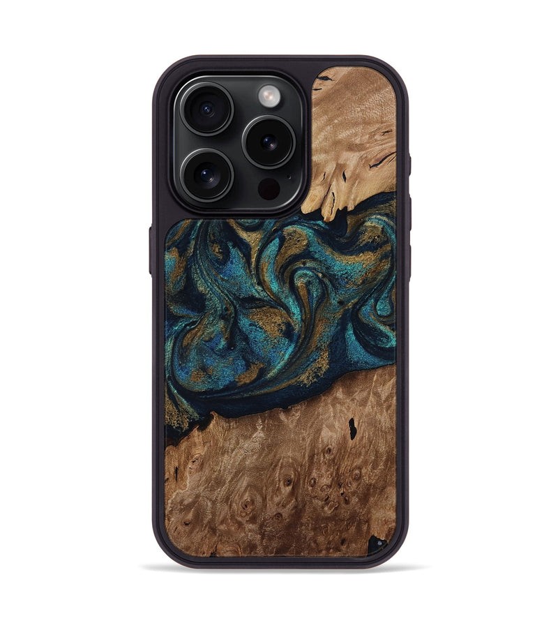 iPhone 15 Pro Wood Phone Case - Dandre (Teal & Gold, 817669)