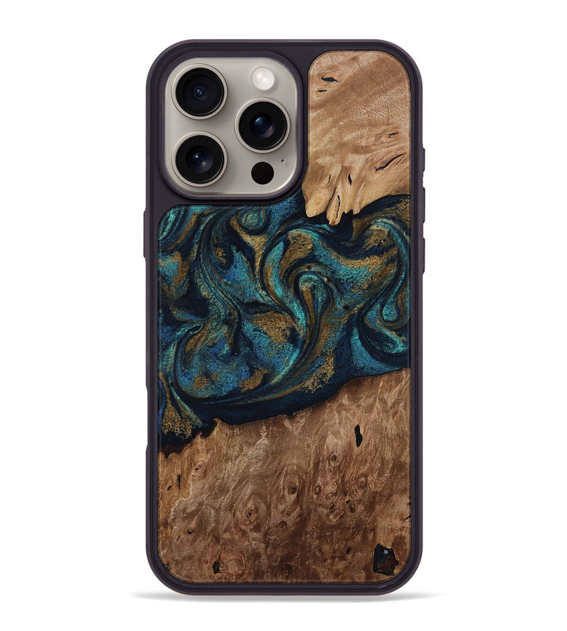 iPhone 16 Pro Max Wood Phone Case - Dandre (Teal & Gold, 817669)