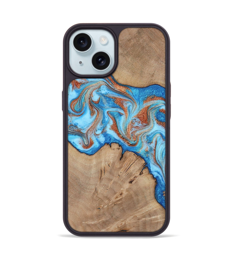 iPhone 15 Wood Phone Case - Zayne (Teal & Gold, 817671)