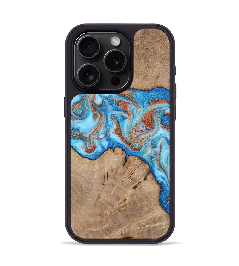 iPhone 15 Pro Wood Phone Case - Zayne (Teal & Gold, 817671)