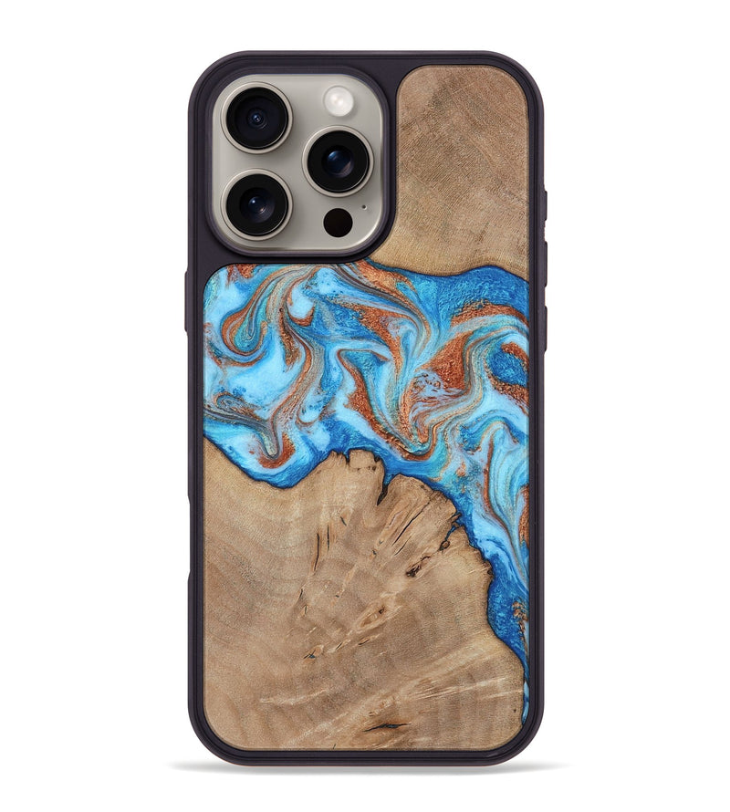 iPhone 16 Pro Max Wood Phone Case - Zayne (Teal & Gold, 817671)