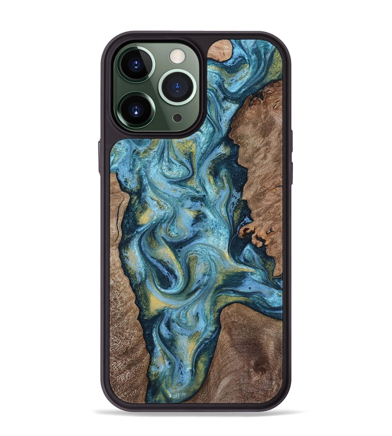 iPhone 13 Pro Max Wood Phone Case - Chace (Teal & Gold, 817672)