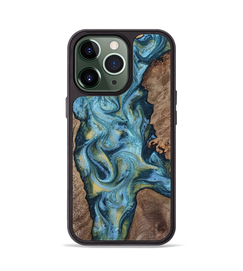 iPhone 13 Pro Wood Phone Case - Chace (Teal & Gold, 817672)