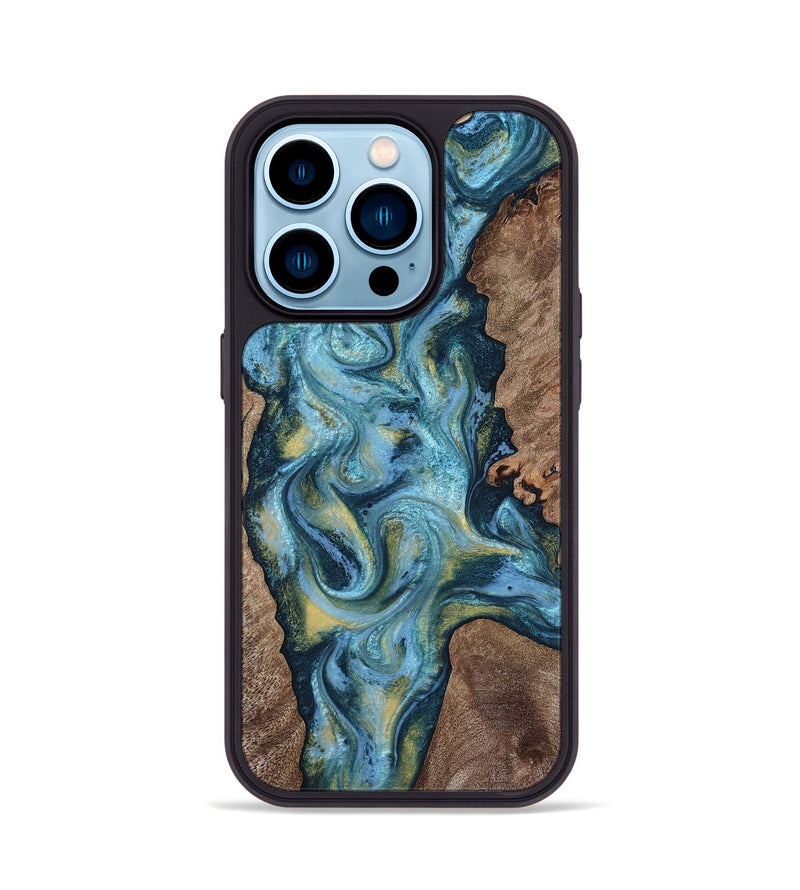 iPhone 14 Pro Wood Phone Case - Chace (Teal & Gold, 817672)