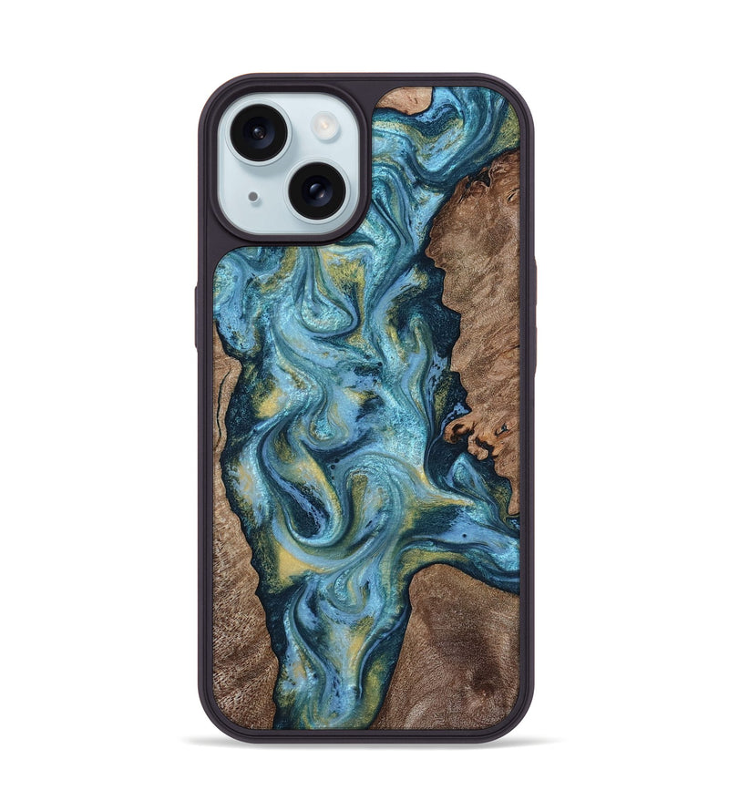iPhone 15 Wood Phone Case - Chace (Teal & Gold, 817672)