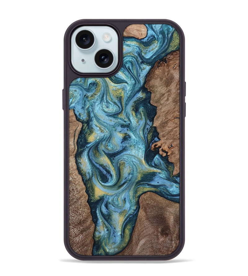 iPhone 15 Plus Wood Phone Case - Chace (Teal & Gold, 817672)