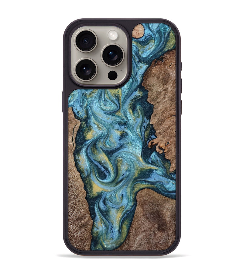iPhone 15 Pro Max Wood Phone Case - Chace (Teal & Gold, 817672)