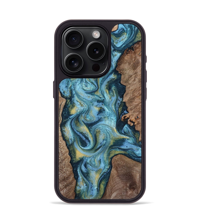 iPhone 15 Pro Wood Phone Case - Chace (Teal & Gold, 817672)