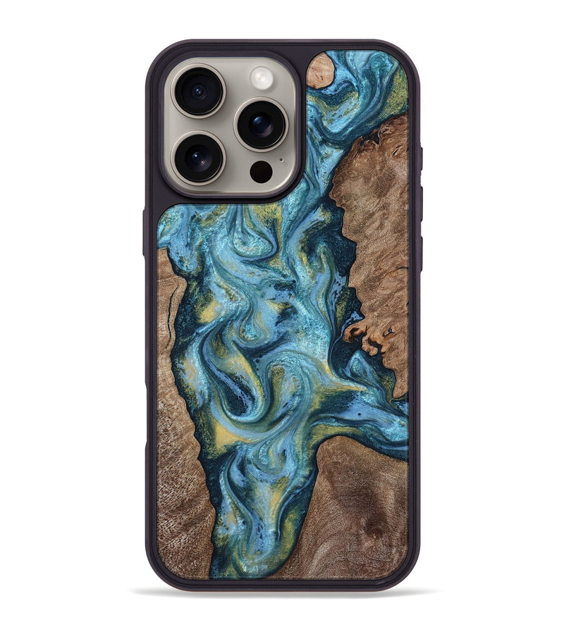 iPhone 16 Pro Max Wood Phone Case - Chace (Teal & Gold, 817672)