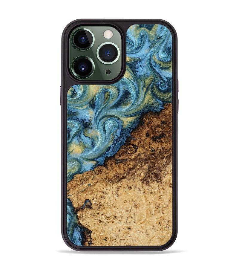iPhone 13 Pro Max Wood Phone Case - Marlin (Teal & Gold, 817674)