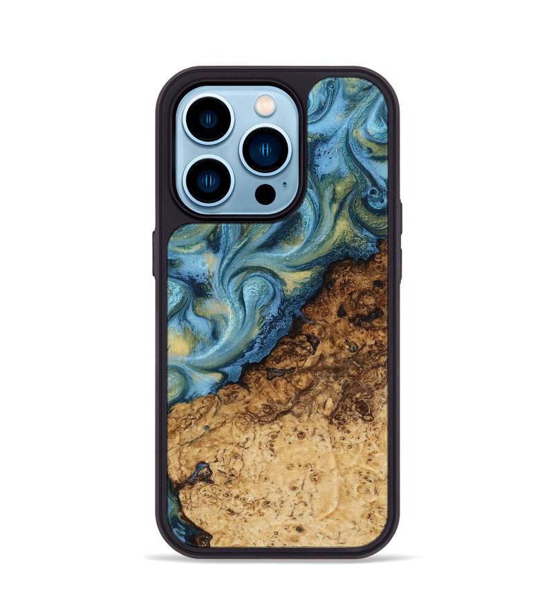 iPhone 14 Pro Wood Phone Case - Marlin (Teal & Gold, 817674)