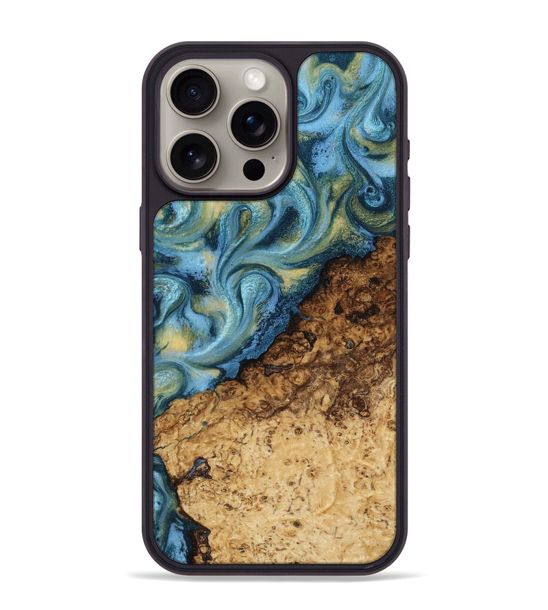 iPhone 15 Pro Max Wood Phone Case - Marlin (Teal & Gold, 817674)