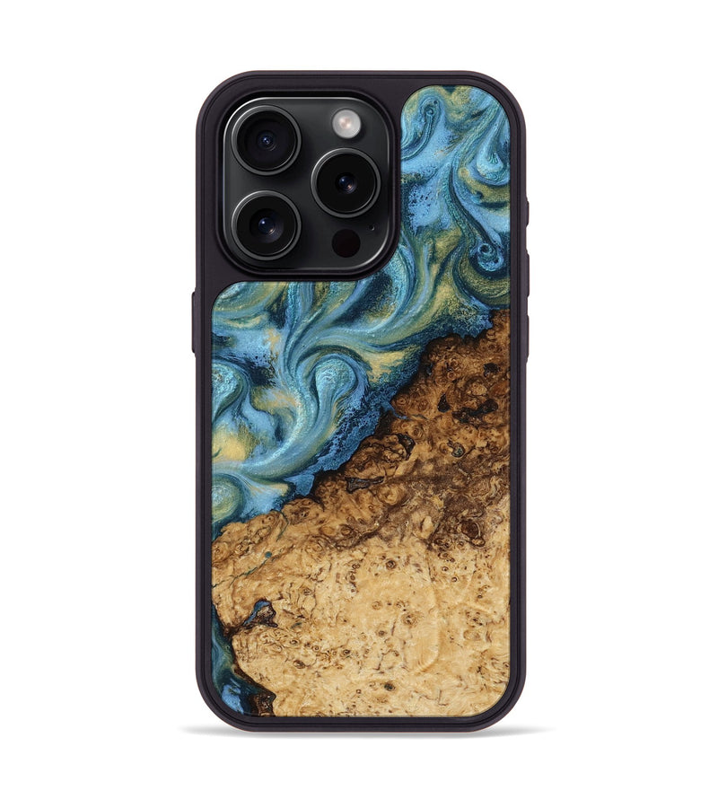 iPhone 15 Pro Wood Phone Case - Marlin (Teal & Gold, 817674)