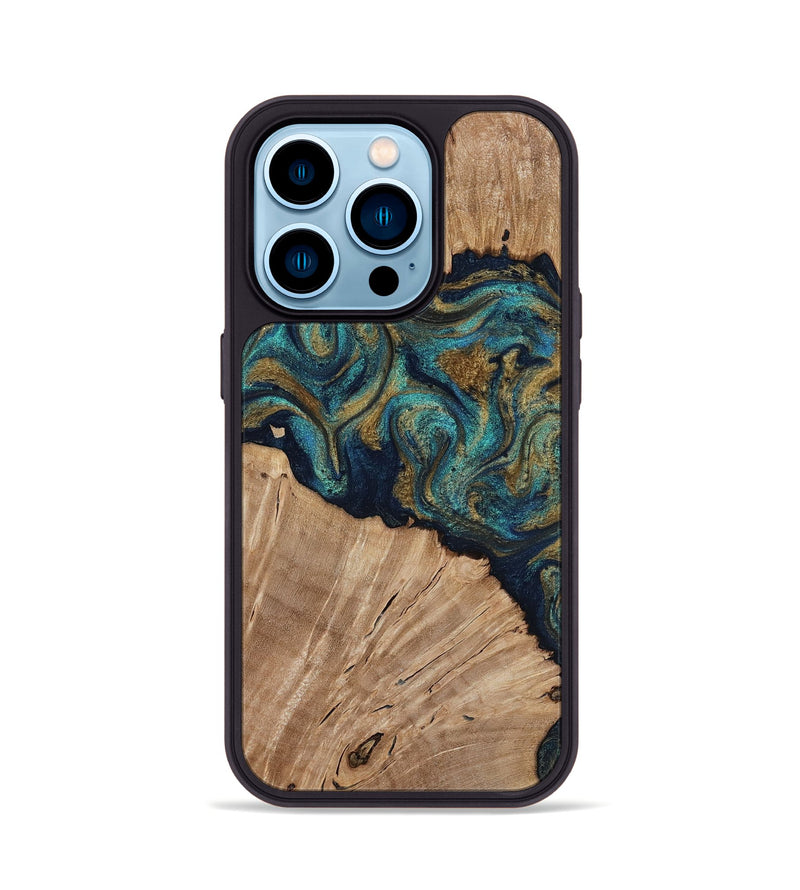 iPhone 14 Pro Wood Phone Case - Kayli (Teal & Gold, 817675)