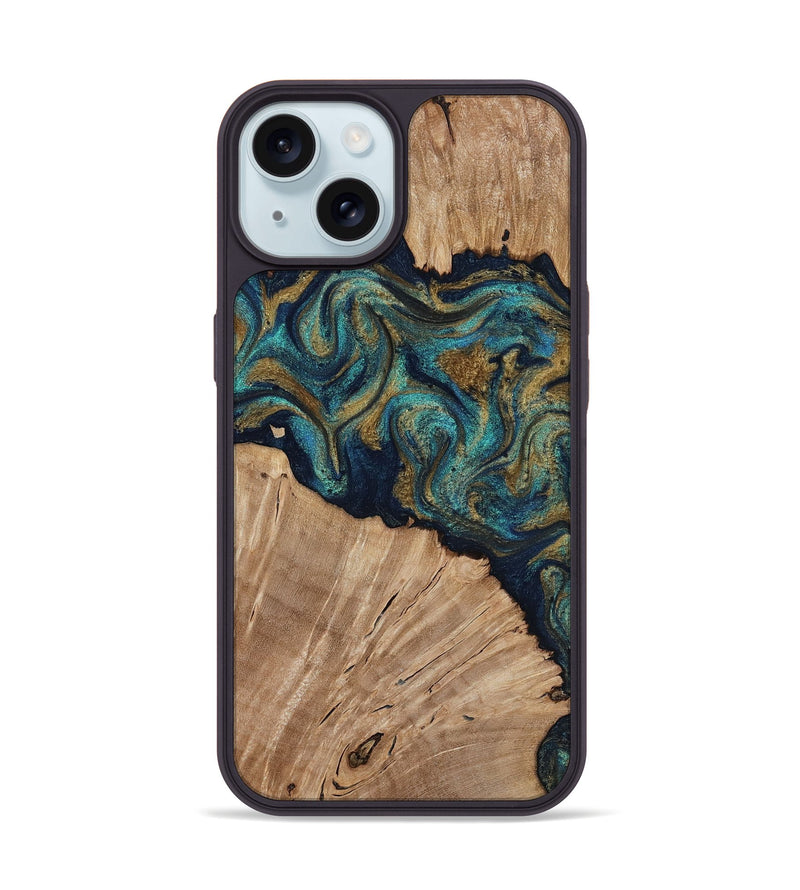 iPhone 15 Wood Phone Case - Kayli (Teal & Gold, 817675)