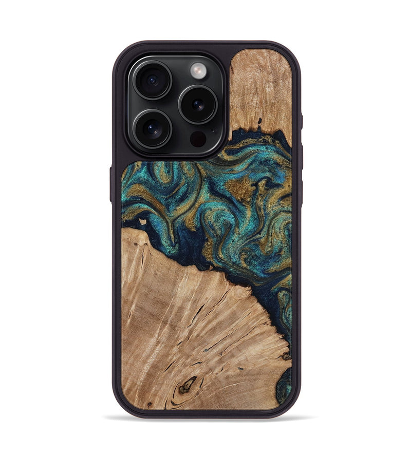 iPhone 15 Pro Wood Phone Case - Kayli (Teal & Gold, 817675)