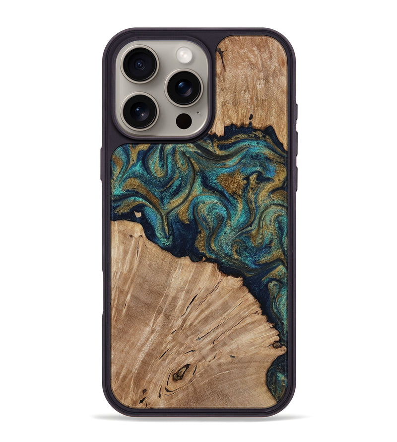 iPhone 16 Pro Max Wood Phone Case - Kayli (Teal & Gold, 817675)
