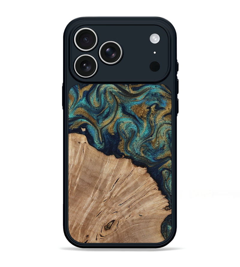 iPhone 17 Pro Max Wood Phone Case - Kayli (Teal & Gold, 817675)