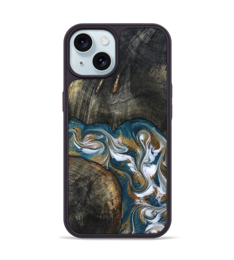 iPhone 15 Wood Phone Case - Roslyn (Teal & Gold, 817684)