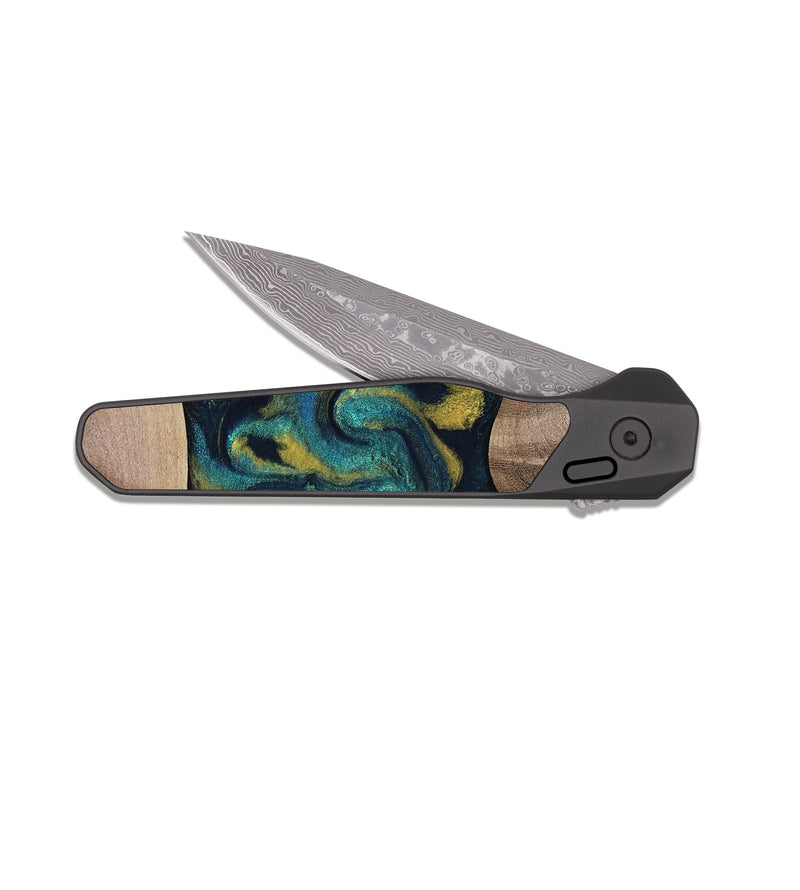 EDC Dark Damascus Wood Pocket Knife - Keon (Teal & Gold, 817717)