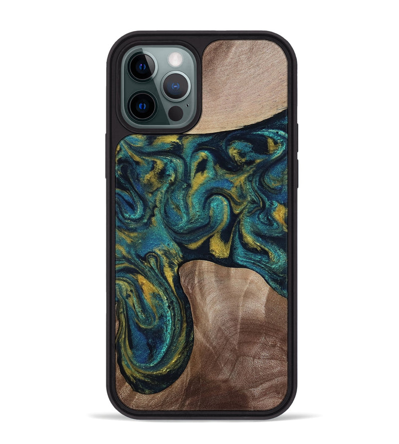 iPhone 12 Pro Max Wood Phone Case - Keon (Teal & Gold, 817717)
