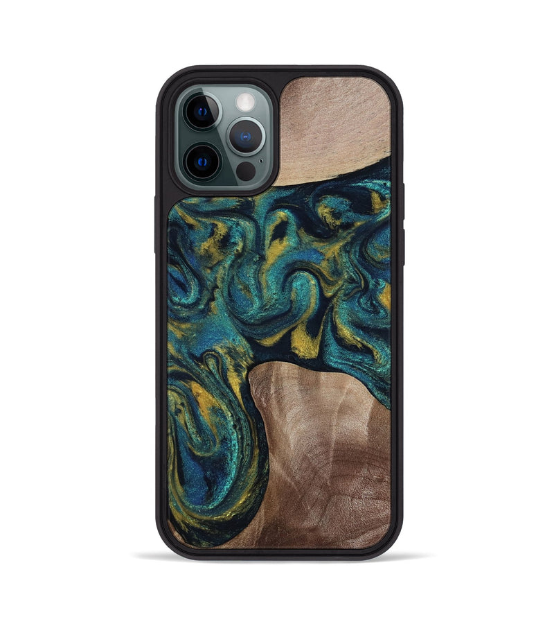 iPhone 12 Pro Wood Phone Case - Keon (Teal & Gold, 817717)
