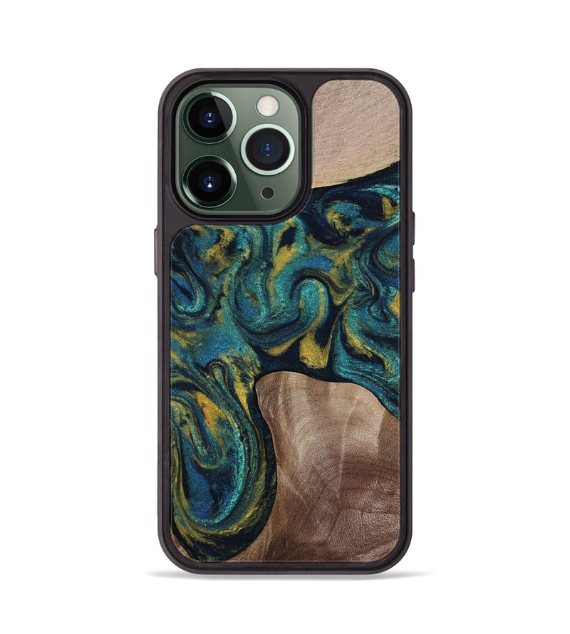 iPhone 13 Pro Wood Phone Case - Keon (Teal & Gold, 817717)
