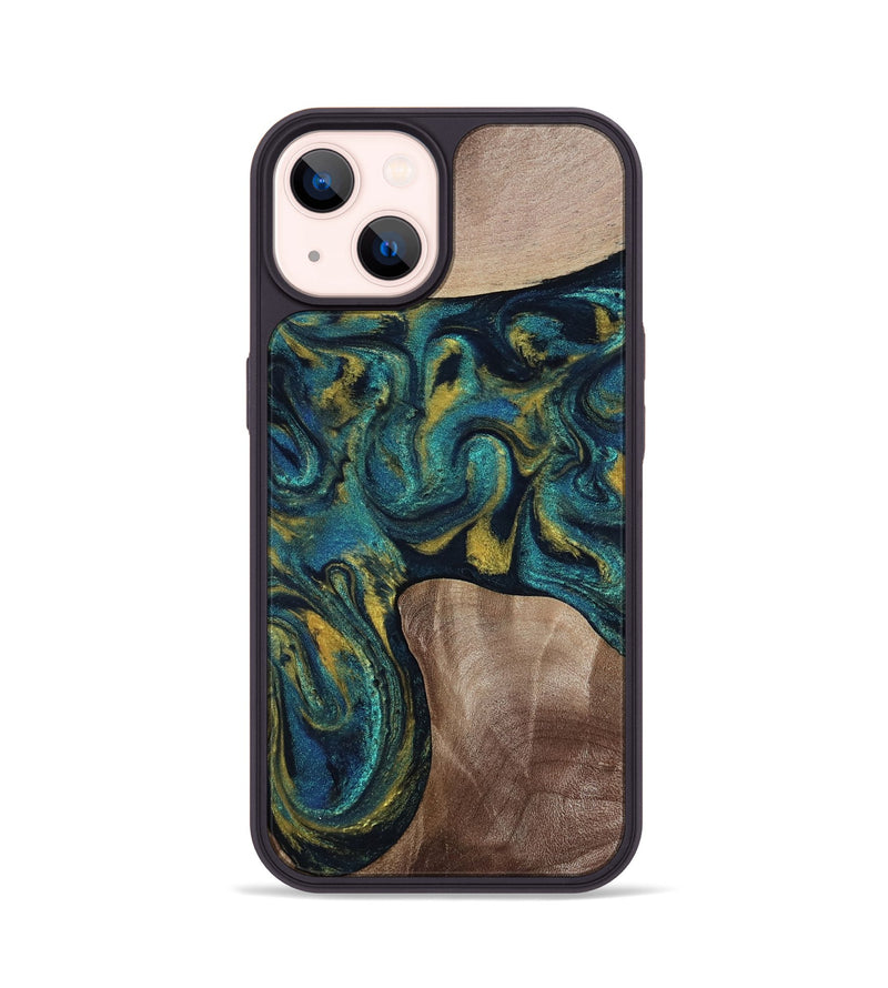 iPhone 14 Wood Phone Case - Keon (Teal & Gold, 817717)