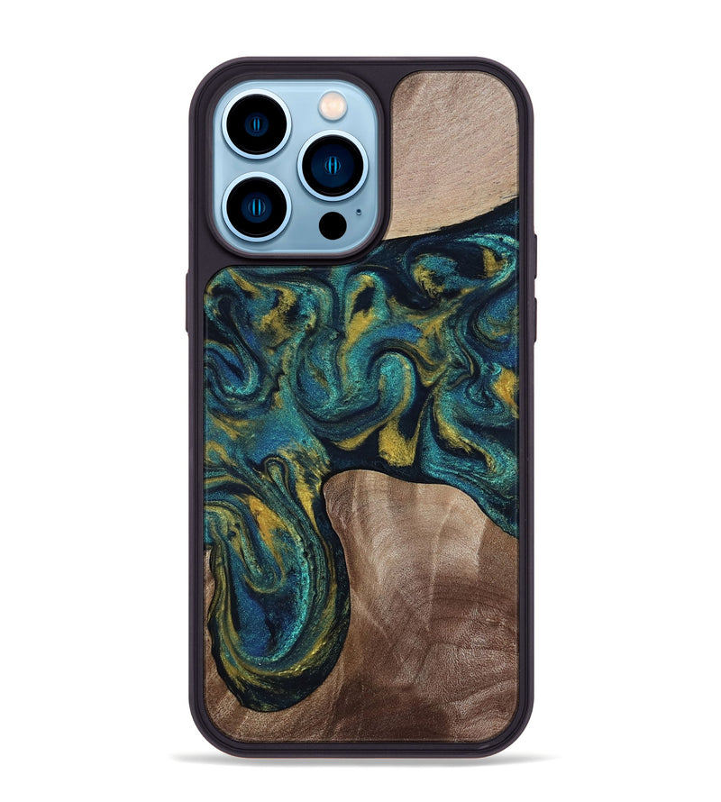 iPhone 14 Pro Max Wood Phone Case - Keon (Teal & Gold, 817717)